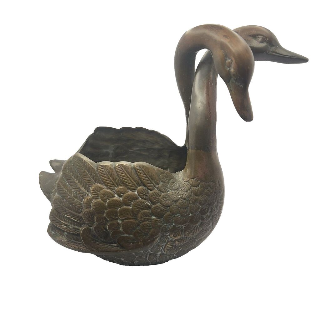 Vintage Midcentury Brass 2 Swan Decorative Sculpture Planter Intricate Fleathers
